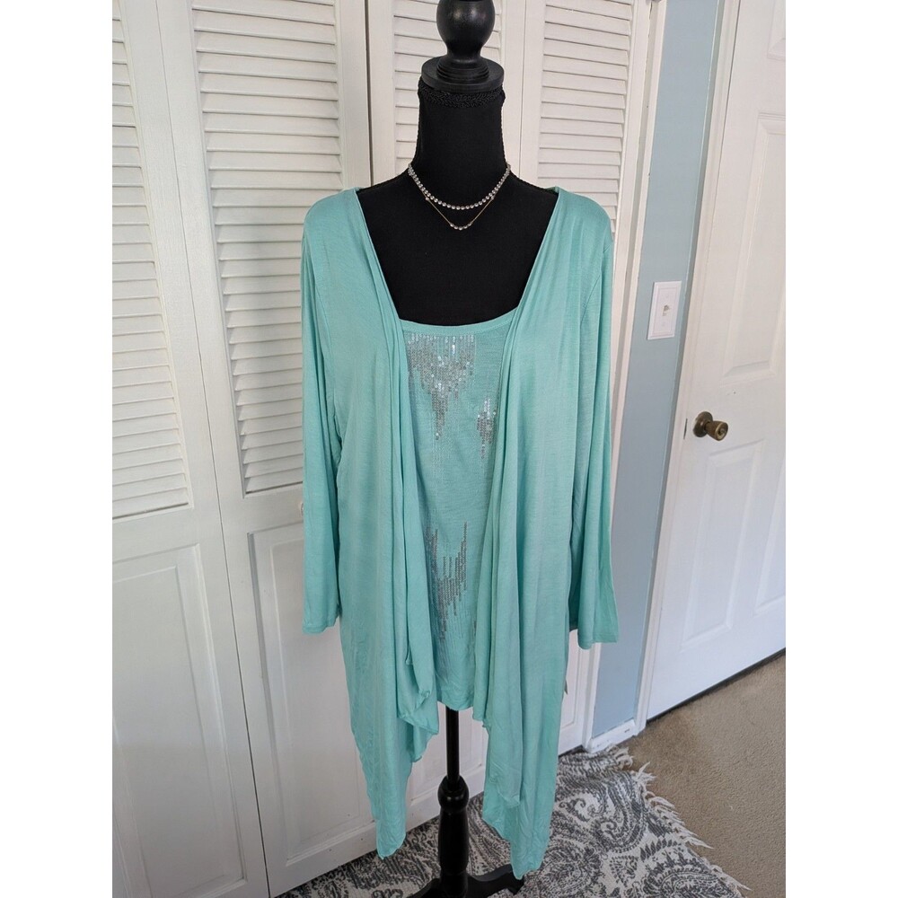 INC Cardigan w/Shell Women's XL Embellished Waterfall Front Mint Green Top Set